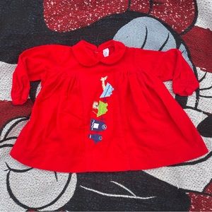 VTG HUTZLER RED CORDUROY ANIMAL TRAIN GIRLS DRESS SIZE 12 MONTHS